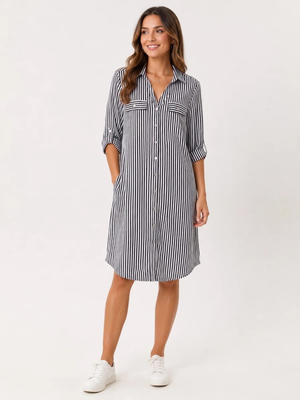 Mlle Gabrielle Black & White Striped Button-Front Shirt Dress